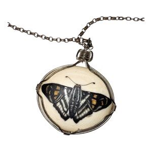 Vintage White-Lined Sphinx Moth Pendant on Silvertone Linked Chain Necklace